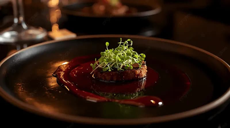 A gourmet Modicom course finished with fresh microgreens.